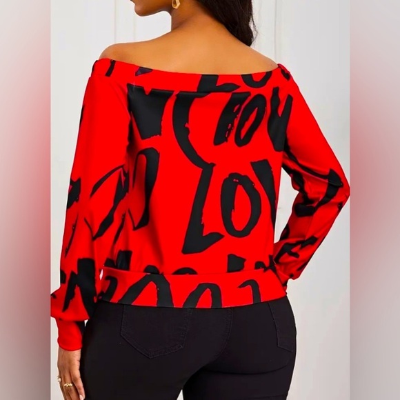 Red & Black “Love” Print Off-Shoulder Long Sleeve Shirt, NWOT - Picture 4 of 5